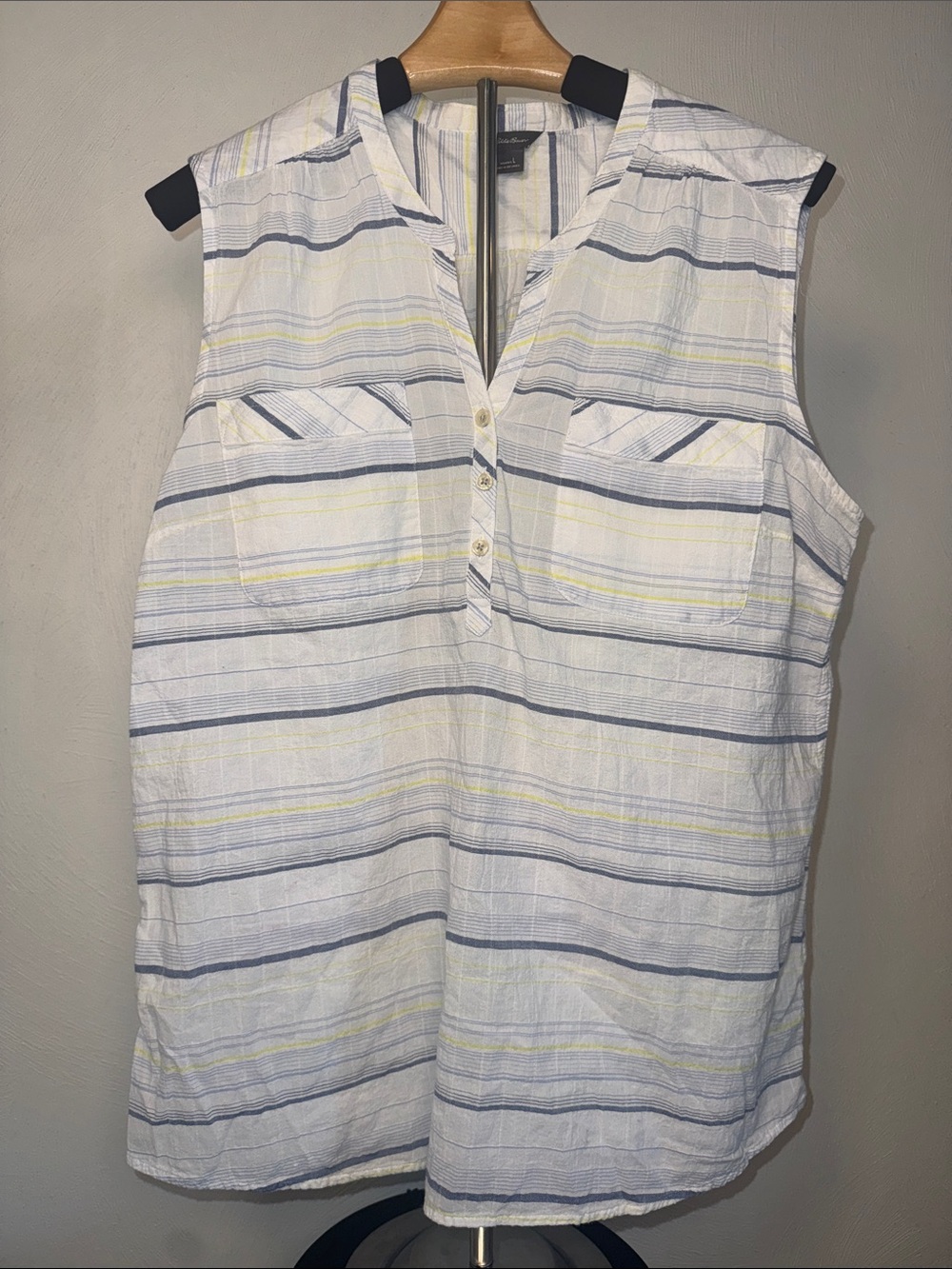 Eddie Bauer White Sleeveless Stripe Popover Blouse with Blue and Yellow Stripes